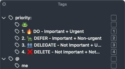 The Tags dialogue of Things3 project and task management software, software by Cultured Code. Tags shown are the Eat a Frog and Eisenhower Matrix task management methods.